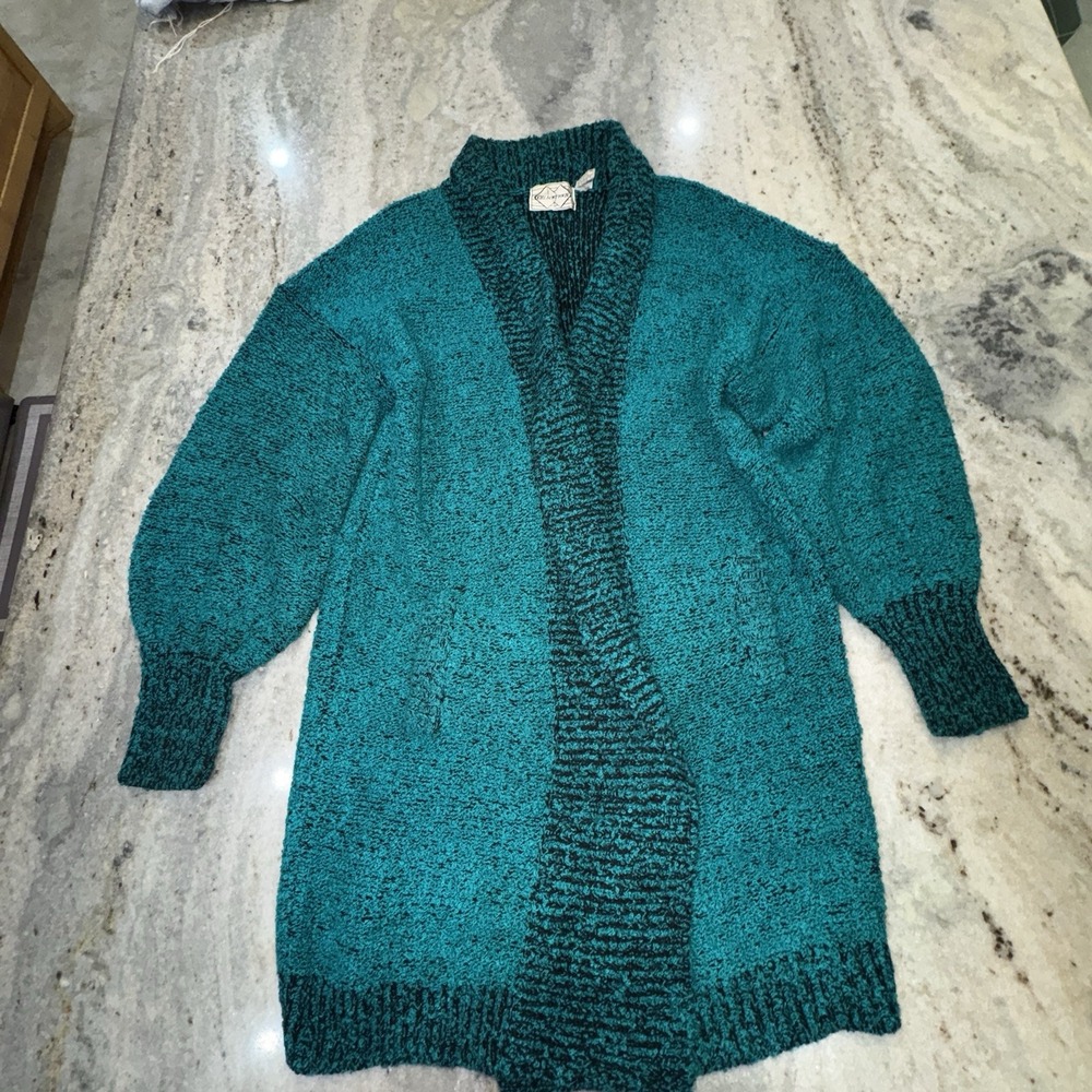 VTG Golden Touch Acrylic Cardigan Sweater Knit Women's Sz Medium Teal Black Long